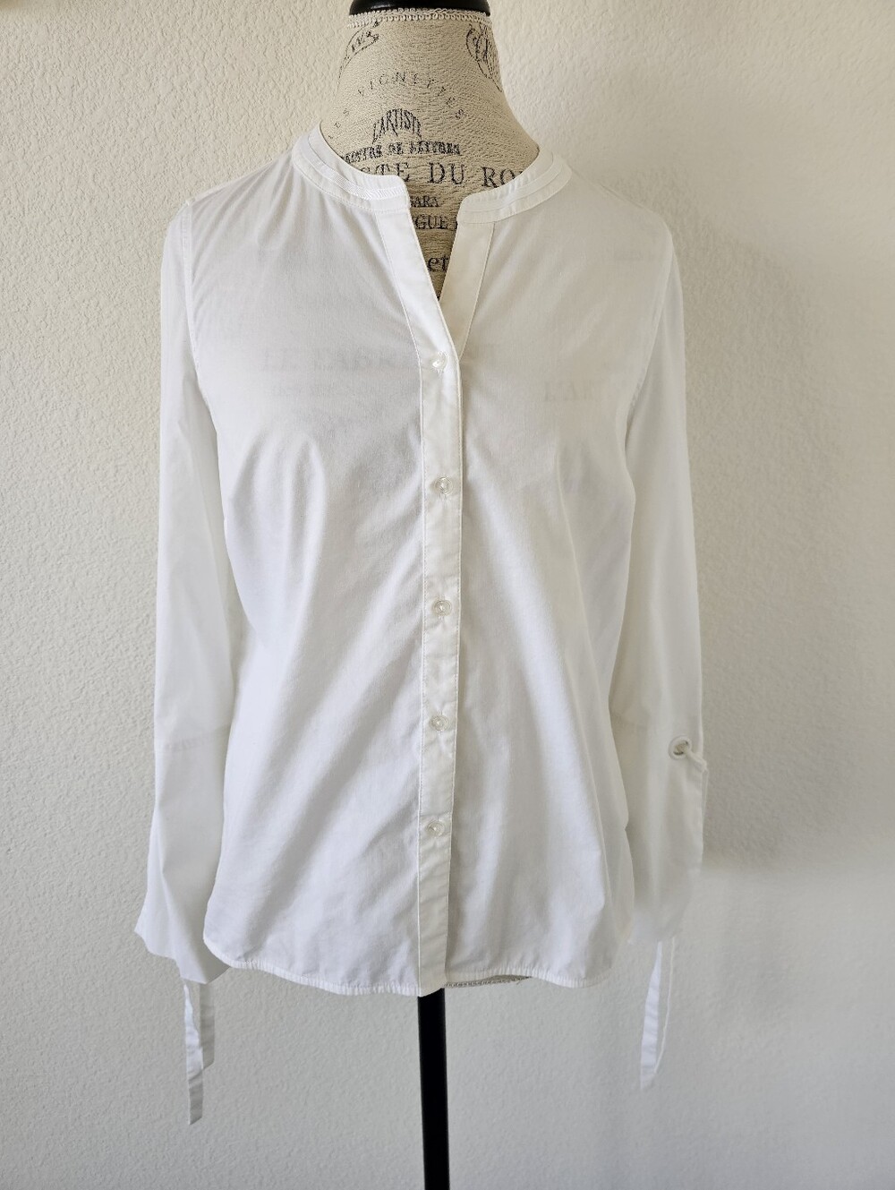 Laundry by Shelli Segal White Button Down Mandarin Collar Tie Cuff Blouse 8